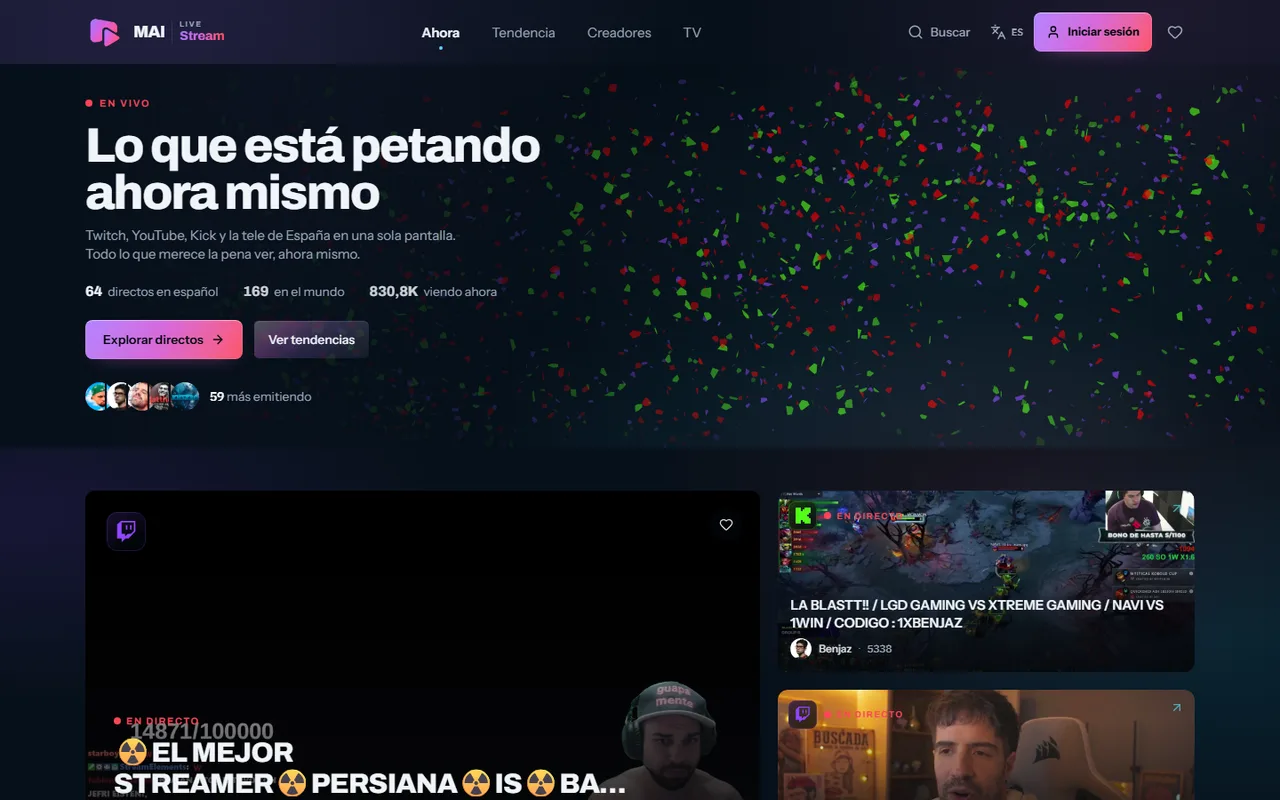 Portada de MAI Live Stream con los directos que están emitiendo ahora mismo